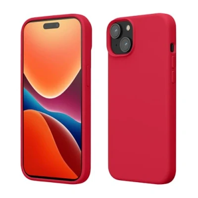 Abbildung von kwmobile Hülle für das iPhone 15 Silikon Handy Case stoßfeste Handyhülle mit weicher Oberfläche Granatapfelrot