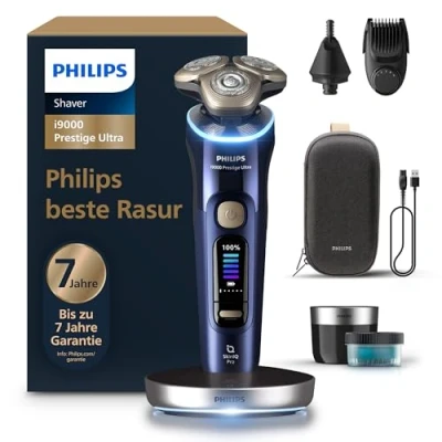 Abbildung von Philips Rasierer i9000 Prestige Ultra, Nass und Trockenrasierer, adriatic, Druck Bewegungssensor, 5+1 Bartstyler, Nasenhaartrimmer, Reinigungsstation, Ladestation &amp; Reiseetui (Modell XP9401/38)