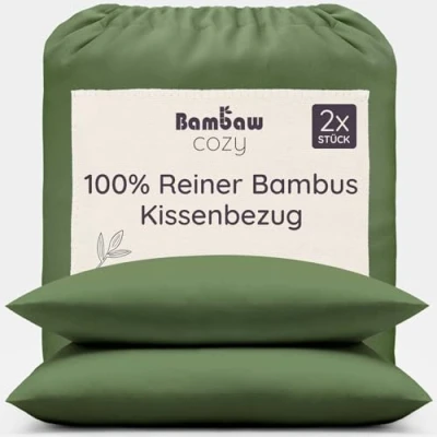 Abbildung von Bambaw Kissenbezüge 40x60 cm Bambus, 2 er Pack, 100% Bambusfasern, Allergie Bettwäsche, haarfreundlicher Kissenbezug hypoallergen, Kopfkissenbezug Bambus (Olivgrün)