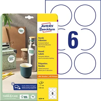 Abbildung von AVERY Zweckform 6229 10 runde Etiketten (60 Klebepunkte, Ø80mm auf A4, Aufkleber zum Bedrucken, selbstklebende Produktetiketten, permanent haftende Marmeladenetiketten) Blatt, weiß