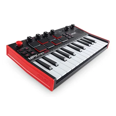 Abbildung von AKAI Professional MPK Mini Play MK3 MIDI Keyboard Controller mit eingebautem Lautsprecher und Sounds, dynamische Klaviatur, MPC Pads Software