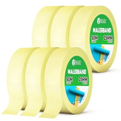 Abbildung von V1 TRADE Kreppband Universal Malerkrepp Hilfreich beim Malen Leicht Abnehmbar Abklebeband Malerband Wasserdicht Klebeband Gelb (6 stück, 25mm x 50m)