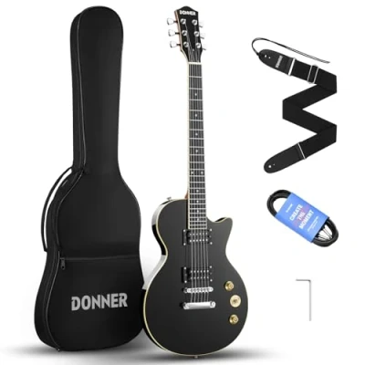 Abbildung von Donner E Gitarre Set Gitarren LP Stil 39 Zoll Voller Größe mit Tasche, Gurt, Kabel (Schwarz)