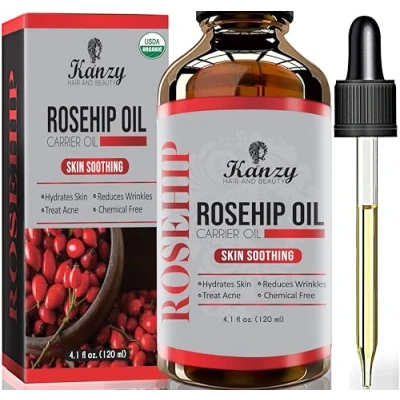 Abbildung von Kanzy Hagebuttenöl Bio Kaltgepresst 100% Rein 120ml Rosehip Oil Wildrosenöl für Haut Haare Nägel Gesichtsöl Körperöl Vegan Hexanfreies Hagebuttenkernöl Anti Aging Falten Natürlich