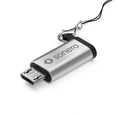Abbildung von Sonero Micro USB auf C Adapter, kompatibel mit Apple Geräten, OTG Unterstützung, Perfekt für e Bikes geeignet, inkl. Schlaufe/Karabiner, Aluminium Gehäuse, Silber