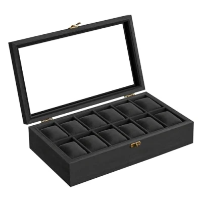 Abbildung von SONGMICS Uhrenbox mit 12 Fächern, Uhrenkasten aus Massivholz, Glasdeckel, Uhrenkissen, Geschenk für Ihre Liebsten, tintenschwarz JOW120B02