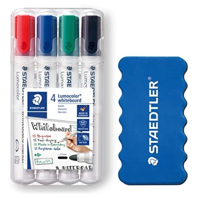 Abbildung von STAEDTLER Whiteboard Marker Lumocolor, ca. 2 mm Linienbreite, trocken und rückstandsfrei abwischbar von Whiteboards, hohe Qualität, Set mit 4 Markern inklusive Schwamm, 351 WP4P1X