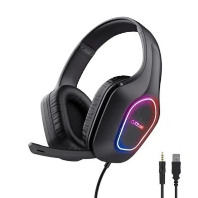 Abbildung von Trust Gaming GXT 419 Rayne Leichtes Headset für PC/Konsole, USB betriebene LED Beleuchtung, 50 mm Treiber, 3,5 Audioanschluss, Over Ear Kopfhörer mit Kabel Computer Laptop, Schwarz