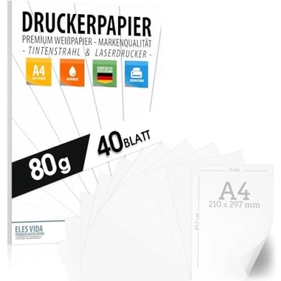 Abbildung von Druckerpapier A4 80g weiß 40 Blatt PREMIUM PAPIER Reinweiß DIN 21 x 29,7 cm Kopierpapier, Laserdrucker &amp; Tintenstrahl für Uni, Fotografie, Präsentationen Ideal Büro Office