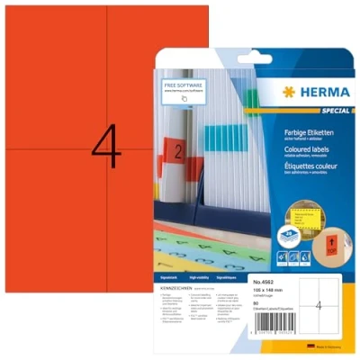 Abbildung von HERMA 4562 Farbige Etiketten rot ablösbar, 20 Blatt, 105 x 148 mm, 4 pro A4 Bogen, 80 Stück, selbstklebend, bedruckbar, matt, blanko Papier Farbetiketten Aufkleber