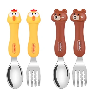 Abbildung von Vicloon Baby Gabel und Löffel Set, Edelstahl Besteck Set mit Cartoon Tiere, Selbsternährende Lernutensilien, Babybesteck für Baby, Kleinkind, Kinder Kleiner Bär/Küken
