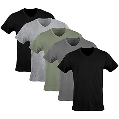 Abbildung von Gildan Herren V Neck T Shirts, Multipack, Style G1103 Unterwäsche, Schwarz/Sportgrau/Anthrazit/Militärgrün (5er Pack), XL