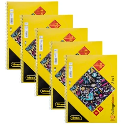 Abbildung von Idena 90212 5 Stück Collegeblock 2in1 mit je 48 Blatt kariert und 32 liniert in DIN A4, Block Spiralbindung, 80 70 g/m², 4 fach gelocht perforiert