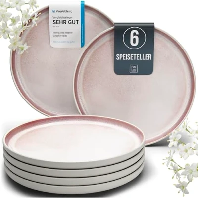 Abbildung von Steingut Teller groß 6 Pers. Ibiza Hochwertiges Mediterranes TEST SEHR GUT Speiseteller Set Stylisches Set, Essteller Personen Geschirrset Pure Living Beige und Rose