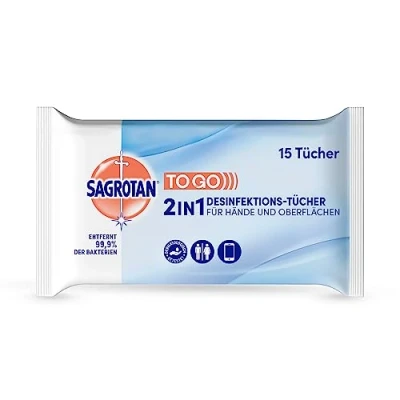 Abbildung von Sagrotan 2in1 Desinfektionstücher Zum Desinfizieren von Händen und Oberflächen 1 x 15 Feuchttücher in wiederverschließbarer Verpackung