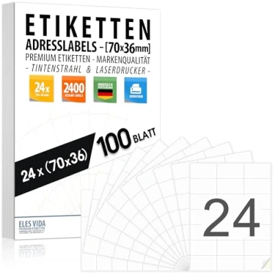 Abbildung von Selbstklebende 70x36 mm, 2400 Stück Labels Adressetiketten / 100 Blatt (24 pro DIN A4 Bogen), bedruckbar mit Inkjet und Laserdrucker Aufkleber, Drucker Etiketten MADE IN GERMANY