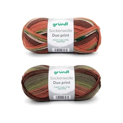 Abbildung von Gründl Sockenwolle Duo Strickset aus 2 x 100 g Sockengarn (75% Schurwolle (superwash), 25% Polyamid) + Anleitung, orange grün braun, 200g