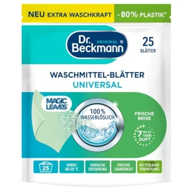 Abbildung von Dr. Beckmann MAGIC LEAVES Waschmittel Blätter UNIVERSAL vordosierte &amp; wasserlösliche Waschblätter platzsparend und leicht anzuwenden 25