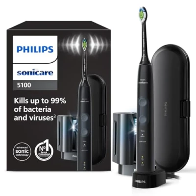 Abbildung von Philips Sonicare ProtectiveClean 5100 elektrische Zahnbürste, Schallzahnbürste mit 3 Putzmodi, Drucksensor, Timer, Reiseetui, UV Reinigungsgerät, Schwarz, Modell HX6850/57