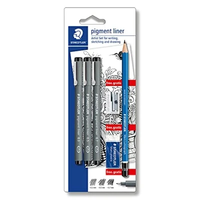 Abbildung von STAEDTLER artist Set, 3 Pigment Liner Schwarz 0.3, 0.5, 0.7mm mit dokumentenechter Pigmenttinte, Bleistift 2B besonders bruchfest, Radierer phtalat und latexfrei Spitzer, 308 SBK3P, 1 stück (1er Pack)
