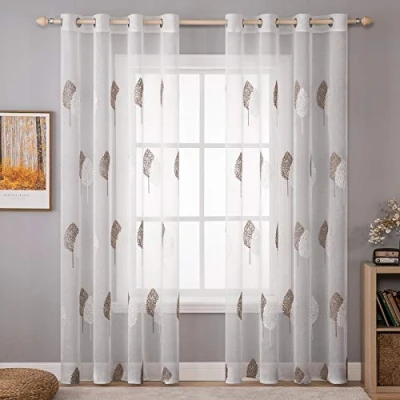 Abbildung von MIULEE Vorhänge mit Kaffee und Weiß Blätter Muster, Stickerei Vorhang Transparent, Ösen Gardinen Für Wohnzimmer, Ösenvorhang Durchsichtig, 2er Set Modern Schlafzimmer Vorhänge, Jeder H 225 X B 140cm