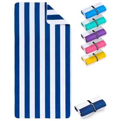 Abbildung von Fit Flip Strandtuch XXL Mikrofaser Badetuch Strandtücher leicht und schnelltrocknend 100% recyceltes Handtuch Strandhandtuch zum Baden (Marineblau Weiß gestreift 200x90cm)