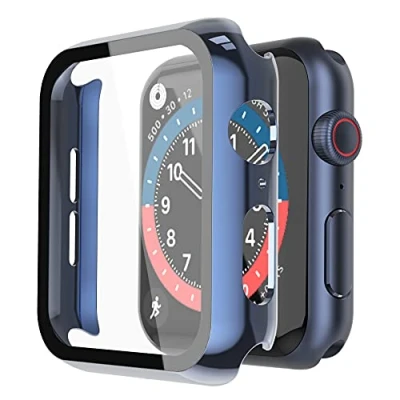 Abbildung von Misxi Hard Hülle mit Glas Displayschutz Kompatibel Apple Watch Series SE 2 (2024) / SE/Series 6 Serie 5 4 44mm, Stück, 1 Blau + Transparent