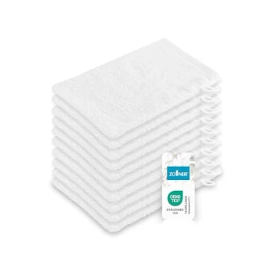 Abbildung von ZOLLNER 10er Set Waschhandschuhe in 16x21 cm saugstarke und Flauschige Waschlappen aus Baumwolle waschbar bis 95C mit praktischem Aufhänger weiß Hotelqualität