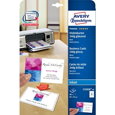 Abbildung von AVERY Zweckform C32028 10 Premium Visitenkarten, blanko (100 Stück, 240g, 85x54 mm, beidseitig bedruckbar, glänzend weiß, absolut glatte Kanten, Blatt) zum Selbstbedrucken auf Inkjet Druckern