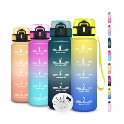 Abbildung von Trinkflasche, Trinkflasche 1l Kohlensäure Geeignet, Wasserflasche Auslaufsicher, mit Zeitmarkierung und Uhrzeit, Leicht zu Reinigen, für Fitness, Schule, Büro, Fahhrad, Sport, Gym
