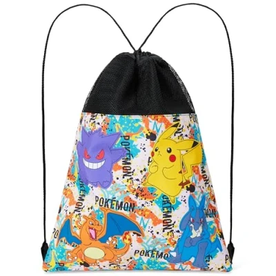 Abbildung von Pokemon Turnbeutel Jungen Pikachu Rucksack Kordelzug Schwimmtasche Kinder Gym Bag Sportbeutel für Schule Reisen (Schwarz/Mehrfarbig)