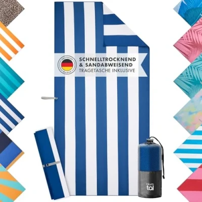 Abbildung von Blumtal Strandhandtuch 90x180 cm aus Mikrofaser kompaktes und schnelltrocknendes Handtuch/Strandtuch XXL Stranddecke sandfrei mit Band Microfaser Handtücher in Blau gestreift