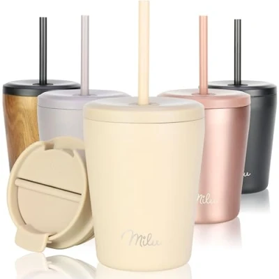 Abbildung von Milu Thermobecher 300ml, 400ml, 500ml 100% Auslaufsicher Edelstahl Kaffeebecher to go isoliert mit Strohhalm hält 10h heiß / 20h kalt, BPA frei (Beige, 300ml)