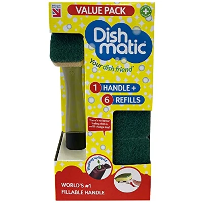 Abbildung von Dishmatic Vorteilspack Set 1 x nachfüllbarer Spülmittel Spendergriff mit 6 austauschbaren Allzweck Schwammköpfen antibakterieller Küchenspülgriff Easy Grip Griff
