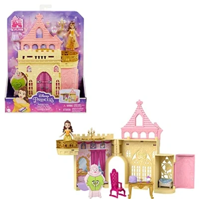 Abbildung von Disney Princess HPL52 Spielzeug, Belles Stapelschloss Puppenhaus Spielset mit kleiner Puppe und 8 Teilen, inspiriert von dem Film, Reisespielzeug Geschenke für Kinder
