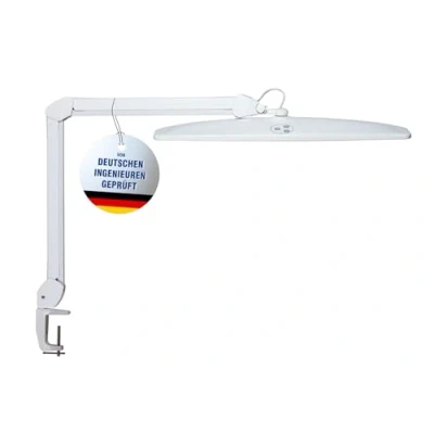Abbildung von MAUL LED Arbeitsleuchte MAULexplore Dimmbare Schreibtischlampe Arbeitslampe mit integrierten LEDs Klemmlampe 6500 K Tageslichtlampe für Büro, Modellbau, Werkstatt Weiß