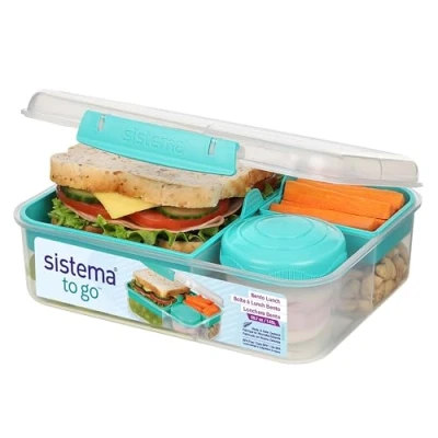 Abbildung von Sistema Bento Box TO GO Brotdose mit Fächern 1,65 L Lunchbox Joghurt /Fruchtbehälter für Kinder &amp; Erwachsene BPA frei Blaugrün [21690 8T]