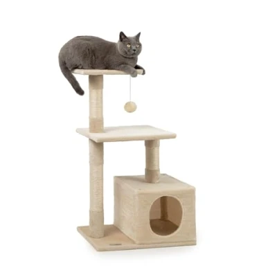 Abbildung von lionto Kratzbaum für Katzen mit Höhle und Plüschball inkl. Glöckchen, Höhe 85 cm, Katzenbaum Sisal &amp; Plüsch, gemütliche Liegeflächen Höhle, kleine große geeignet, beige