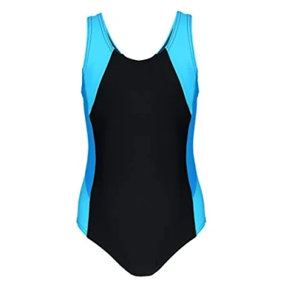 Abbildung von Aquarti Mädchen Badeanzug mit Ringerrücken Sport Mädchen, Chlorresistent, Farbe: Schwarz/Türkis/Himmelblau, Größe: 164