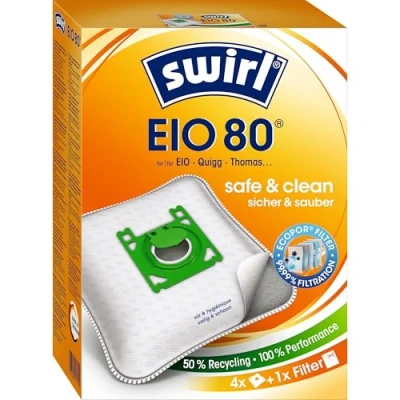 Abbildung von Swirl® EIO 80 EcoPor® Staubsaugerbeutel für EIO, Dirt Devil, Edeka, Thomas, 4 Beutel, Silber