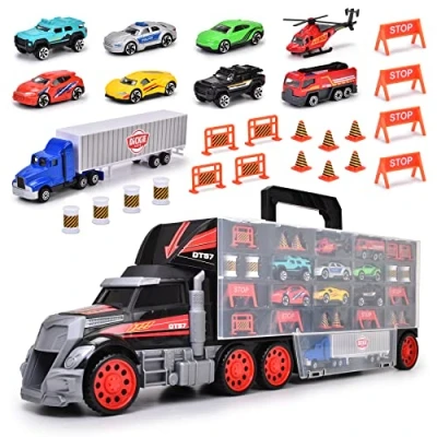 Abbildung von Dickie Toys Cleverer Autotransporter der 62 cm Lange LKW sorgt gleichzeitig für Ordnung&amp;großen Spielspaß. Ideales Spielzeug zum Mitnehmen Reisen&amp;Ausflüge! Inkl. 9 Metallfahrzeugen&amp;Zubehör