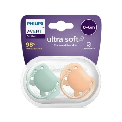 Abbildung von Philips Avent Ultra Soft Schnuller, 2er Pack BPA freier Schnuller für Babys von 0 bis 6 Monaten, grün/orange pastell (Modell SCF091/03)