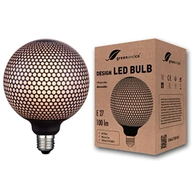 Abbildung von greenandco® Vintage Design LED Lampe schwarz gemustert (Sechsecke) dimmbar E27 G125 4W 100lm 1800K extra warmweiß zur Stimmungsbeleuchtung flimmerfrei 300 230V, 2 Jahre Garantie