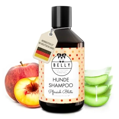 Abbildung von Belly Shampoo Hund Anti Geruch 250ml Pfirsich Aroma, pH neutral, Vegan, Silikon und Parabenfrei Feuchtigkeitsspendendes beruhigendes Hundeshampoo auf Basis von Pfirsichblüte &amp; Kamille