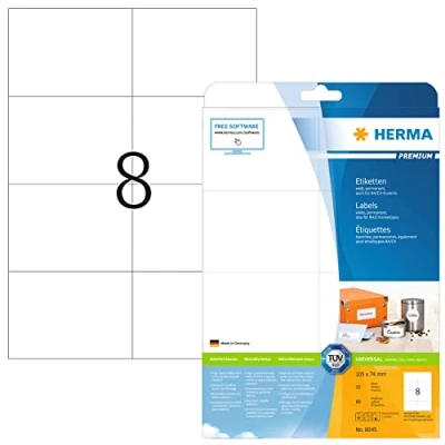 Abbildung von HERMA 8645 Versandetiketten, 10 Blatt, 105 x 74 mm, 8 pro A4 Bogen, 80 Stück, selbstklebend, bedruckbar, matt, blanko Papier Adressetiketten Aufkleber, weiß