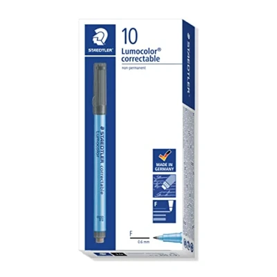 Abbildung von STAEDTLER Folienstift Lumocolor correctable, trocken abwischbar, integrierter Wischer am Stiftende, für Overhead Projektoren geeignet, feine Spitze ca. 0,6 mm, 305 F 9, schwarz, 10 Stück