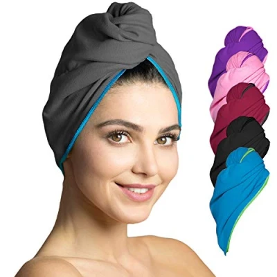 Abbildung von Fit Flip Haarturban Mikrofaser 1 Stück Haarhandtuch mit Knopf schnelltrocknend und saugstark Microfaser Kopf Turban Haar Handtuch (dunkelgrau blau)