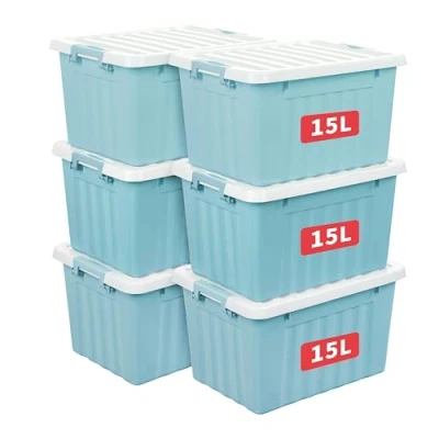 Abbildung von Cetomo 15L*6 Aufbewahrungsboxen mit Deckeln, Kunststoff Aufbewahrungsbox Clips, Kunststoffbox, Ordnungsboxen für Zuhause und Büro, BPA frei, Nestbar, Stapelbar, Blau, 15L 6er Pack