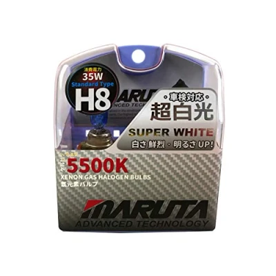 Abbildung von MARUTA SUPER WHITE H8 12V 35W Halogenlampe für Scheinwerfer, Nebellicht &amp; Tagfahrlicht, 5500K Xenon Effekt, langlebige Gas Birne mit hochwertigem Quarzglas Straßenzulassung (ECE Prüfzeichen)