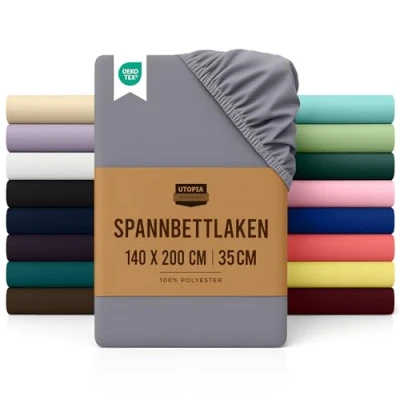 Abbildung von Utopia Bedding Spannbettlaken 140x200cm Grau Gebürstete Polyester Mikrofaser Spannbetttuch 35 cm Tiefe Tasche